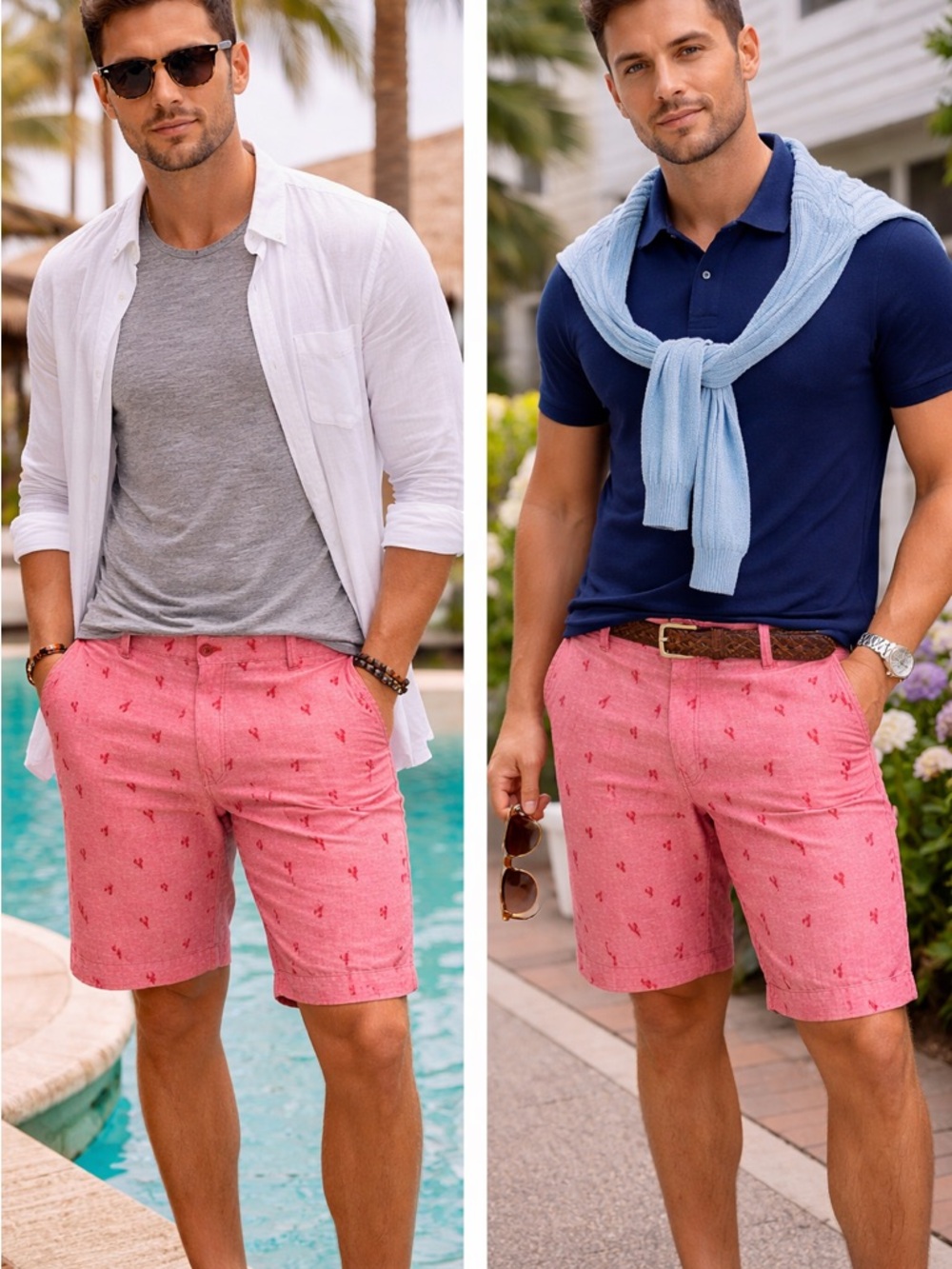 Tenth + Ocean Linen Blend Shorts Pink Lobster Print Beach Sz 36 Resort‎ Coastal